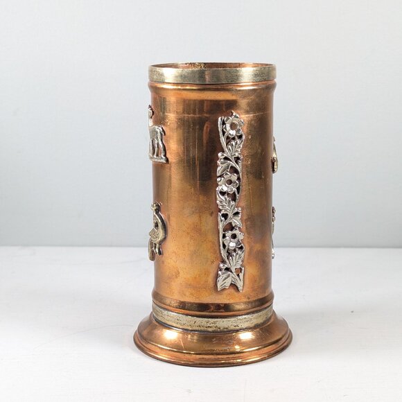 Vintage 6" Copper Metal Cylinder Canister Vase - Southeast Asian style - Picture 4 of 8
